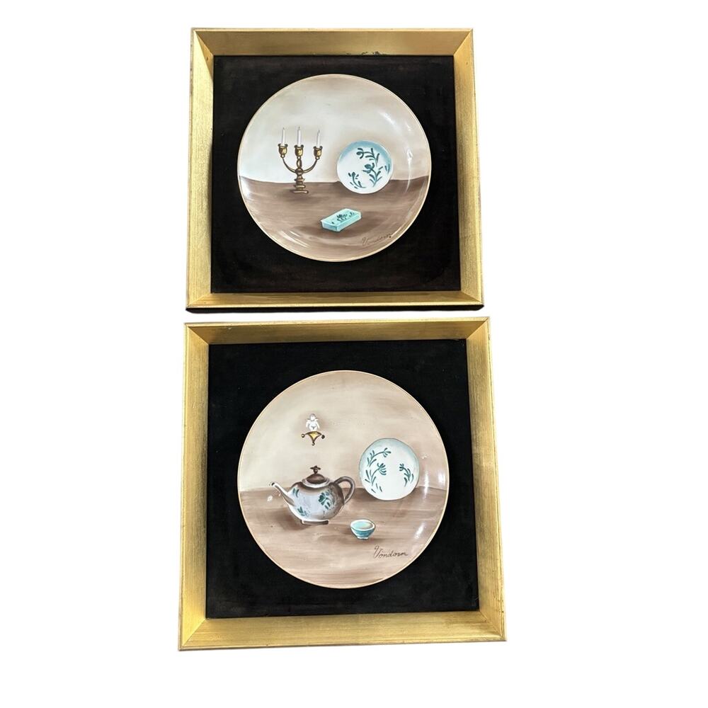 (2) Vintage Andrea Sadek Gold Framed Decorative Plates Still Life Wall Art MCM